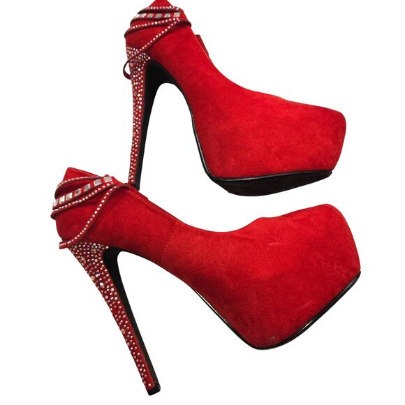Paprika 6 Women's Dress Shoes Red  5 inch Heels Platform Rhinestones Closed Toe - Picture 5 of 8
